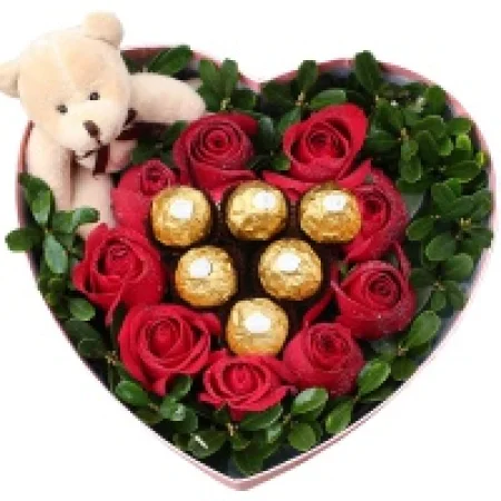 7支红玫瑰+9巧克力球礼盒+2个公仔