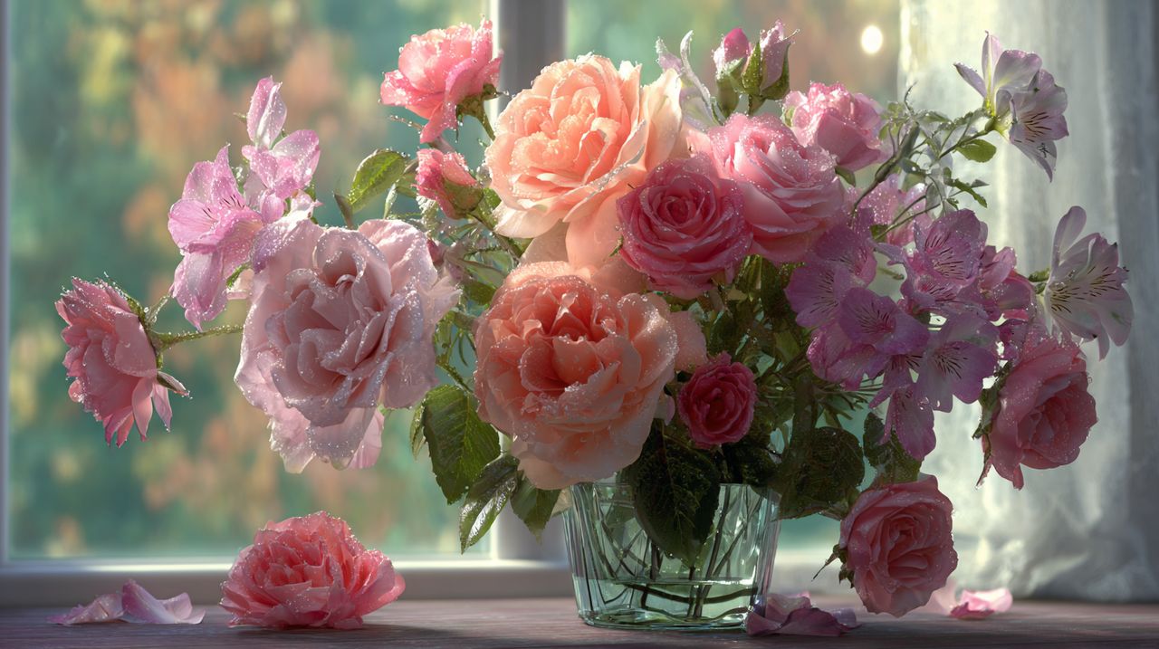 A diverse bouquet of pink roses.