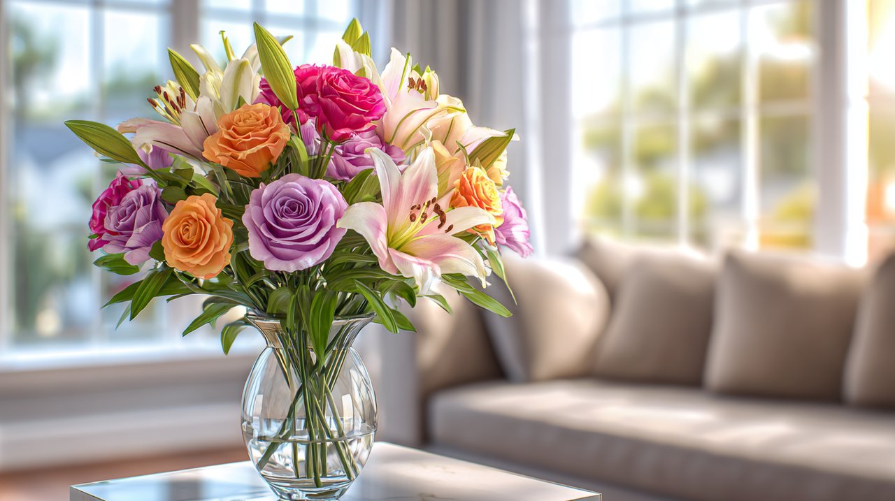A vibrant bouquet of flowers beautifully arranged in a modern living room.