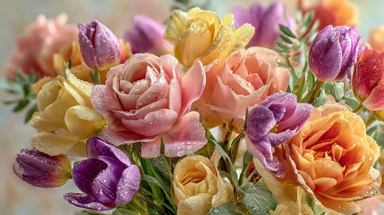 A fresh and vibrant bouquet of flowers with dew drops, showing prolonged beauty.