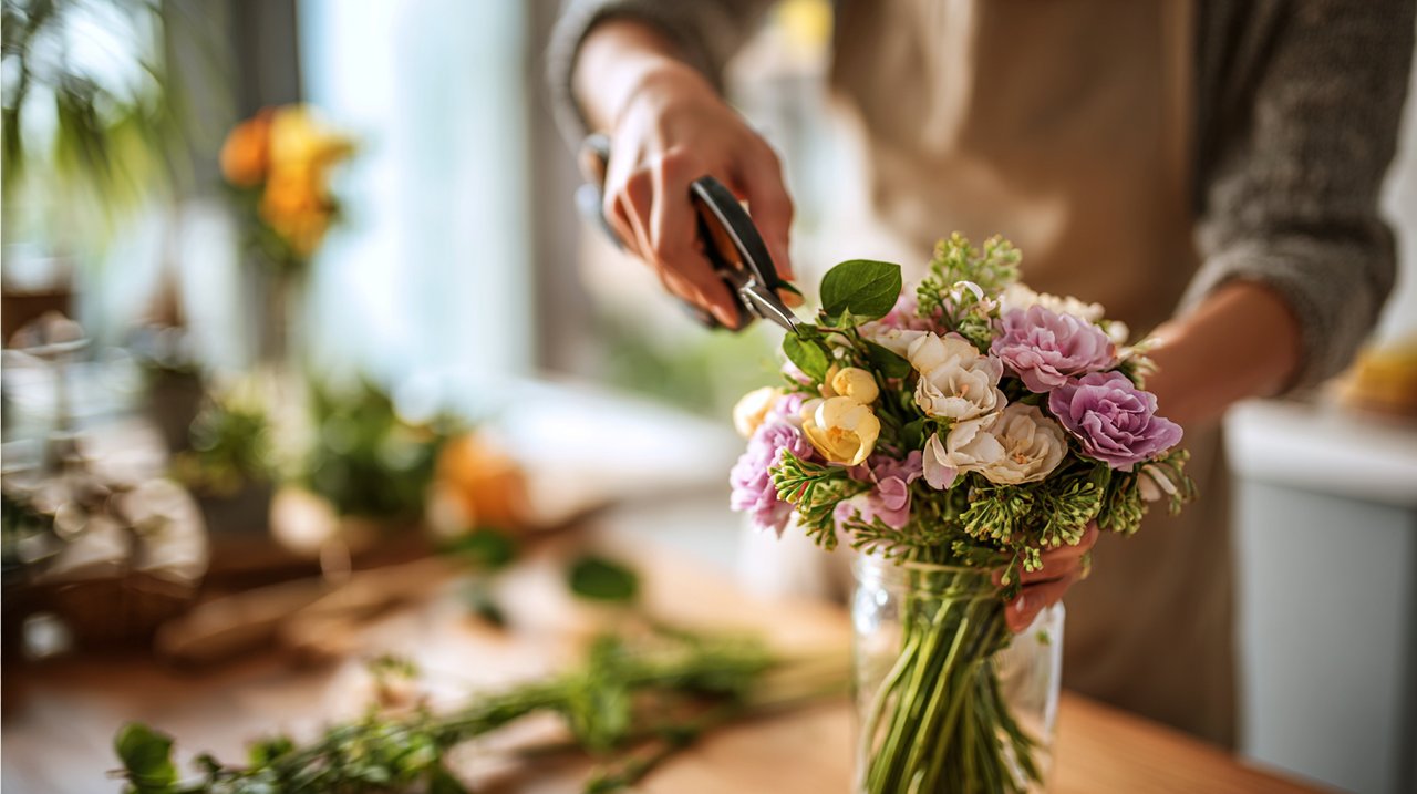 A person's hands trimming fresh flower stems in a modern kitchen.