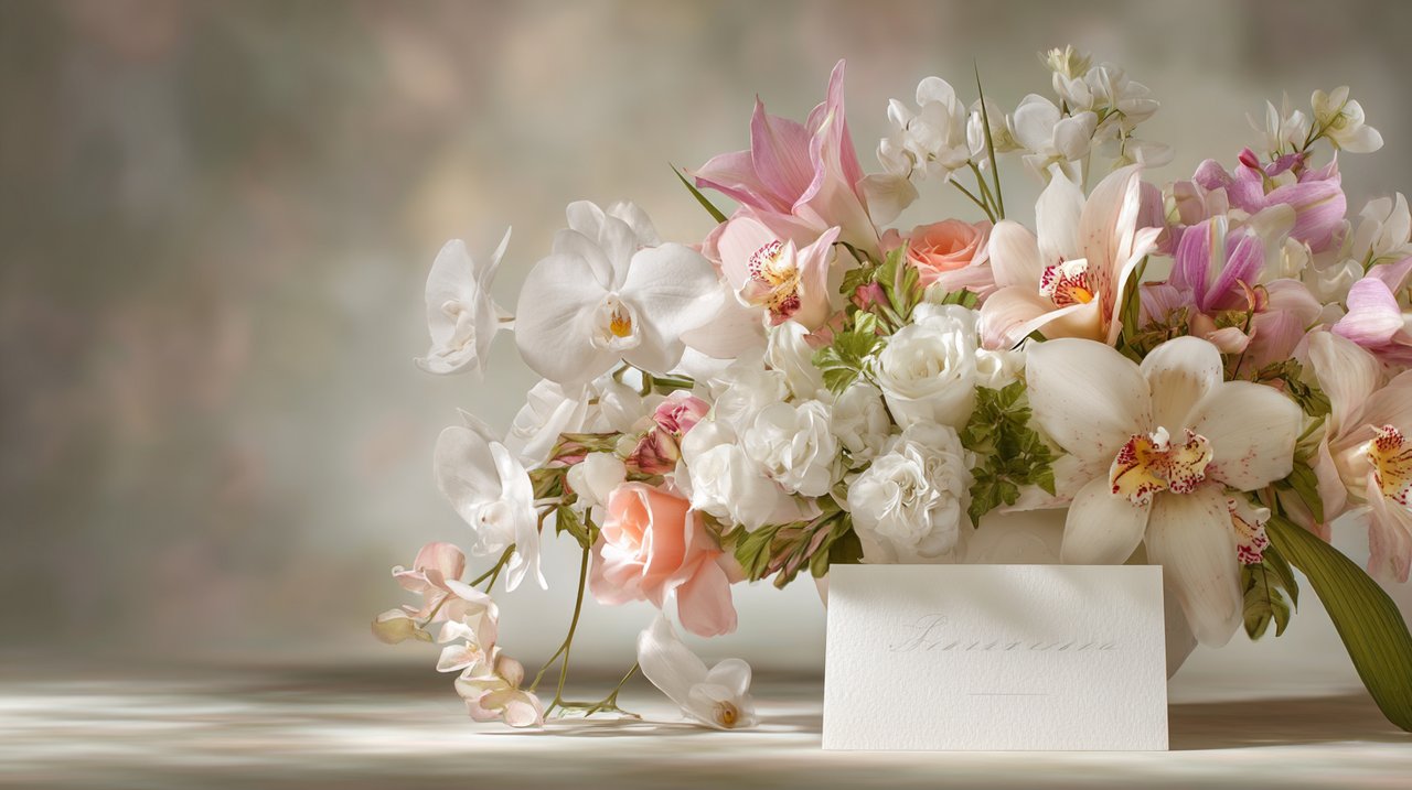 A beautifully arranged opening ceremony flower basket with a sophisticated greeting card.