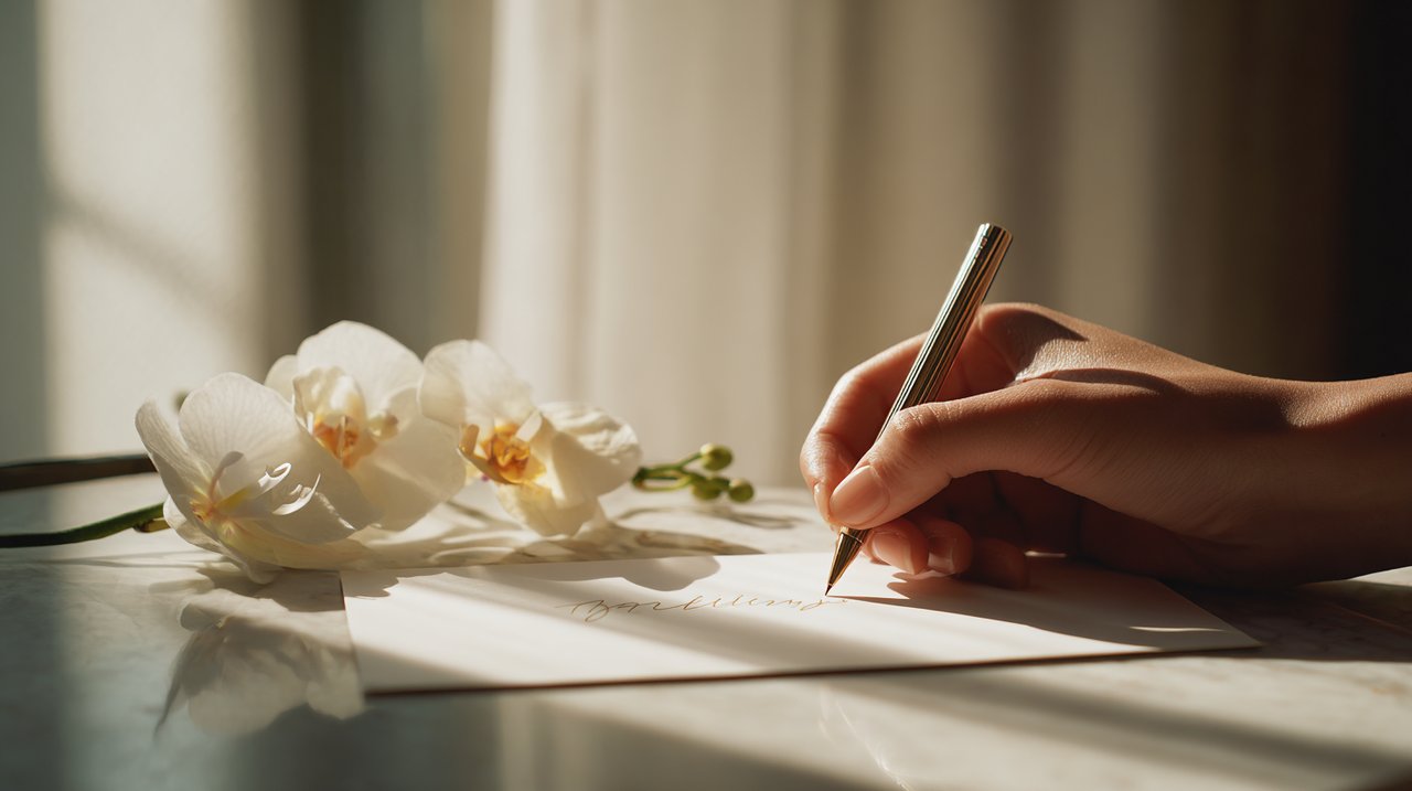 A hand writing a heartfelt opening blessing on a high-quality card, next to a delicate flower.