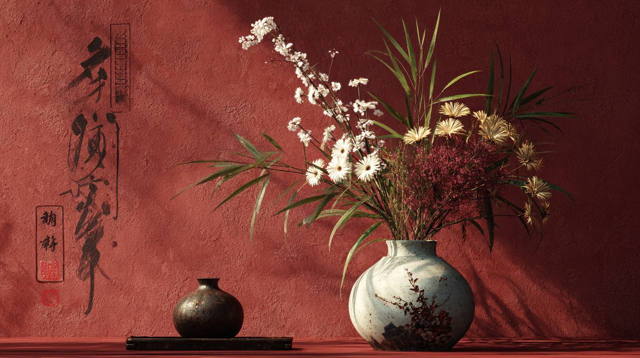 An elegant composition of Eastern cultural symbols and a refined floral arrangement.