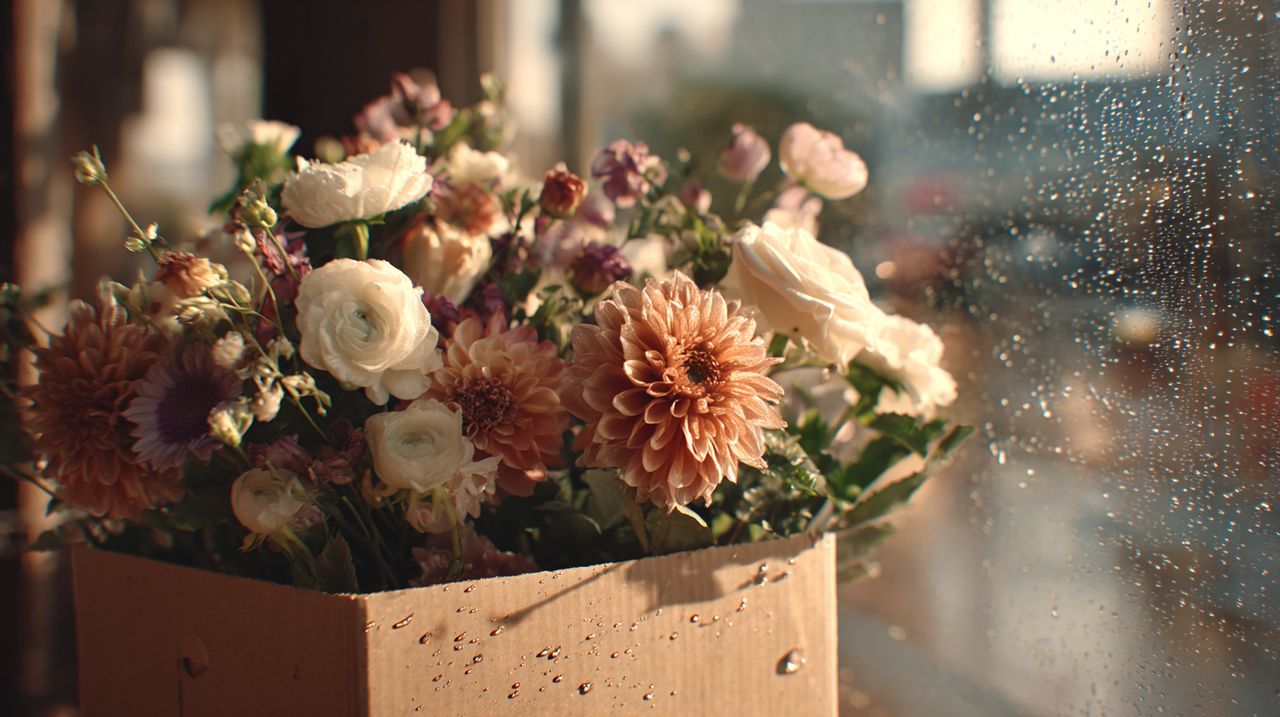 A beautifully wrapped bouquet being prepared for long-distance delivery.