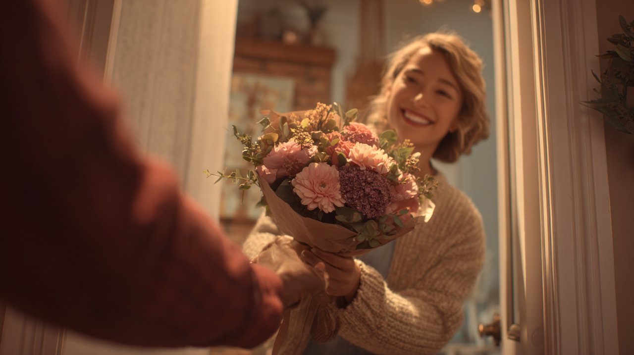 A person joyfully receiving a surprise flower delivery at their doorstep.