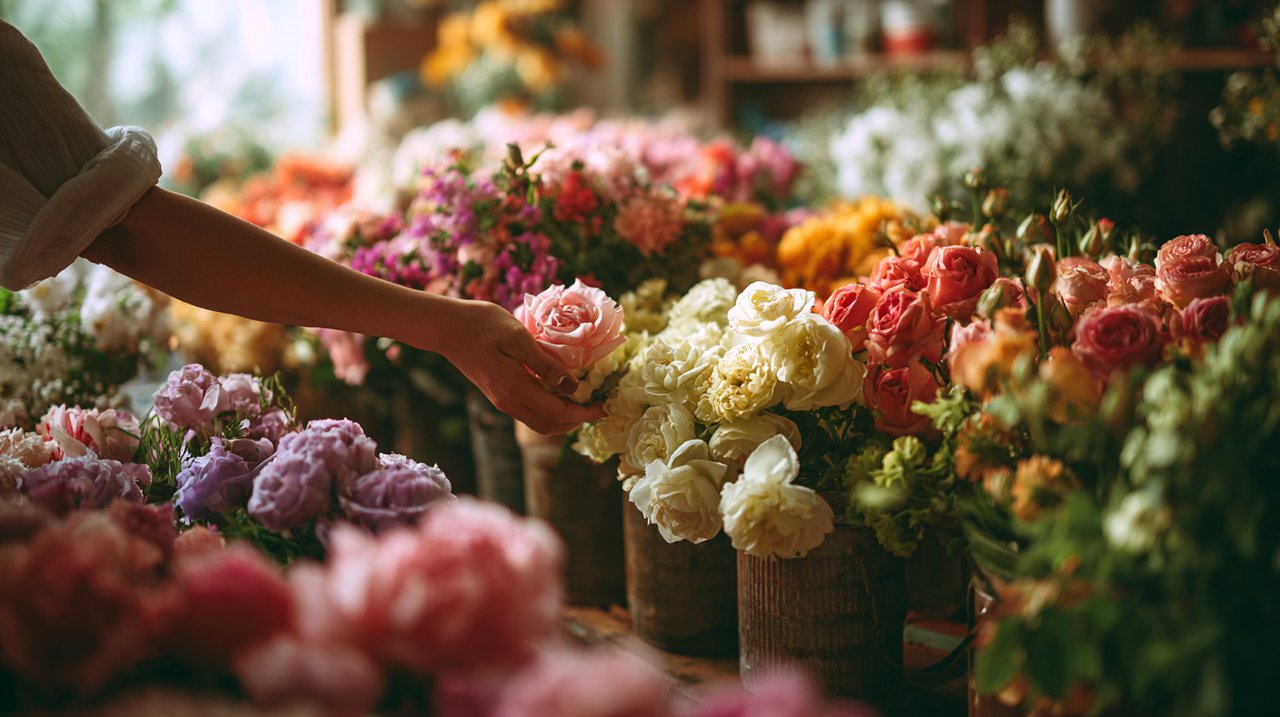 A hand gently selecting a specific flower from a vibrant assortment.