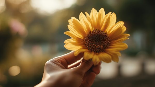 A close-up of a hand holding a vibrant sunflower.