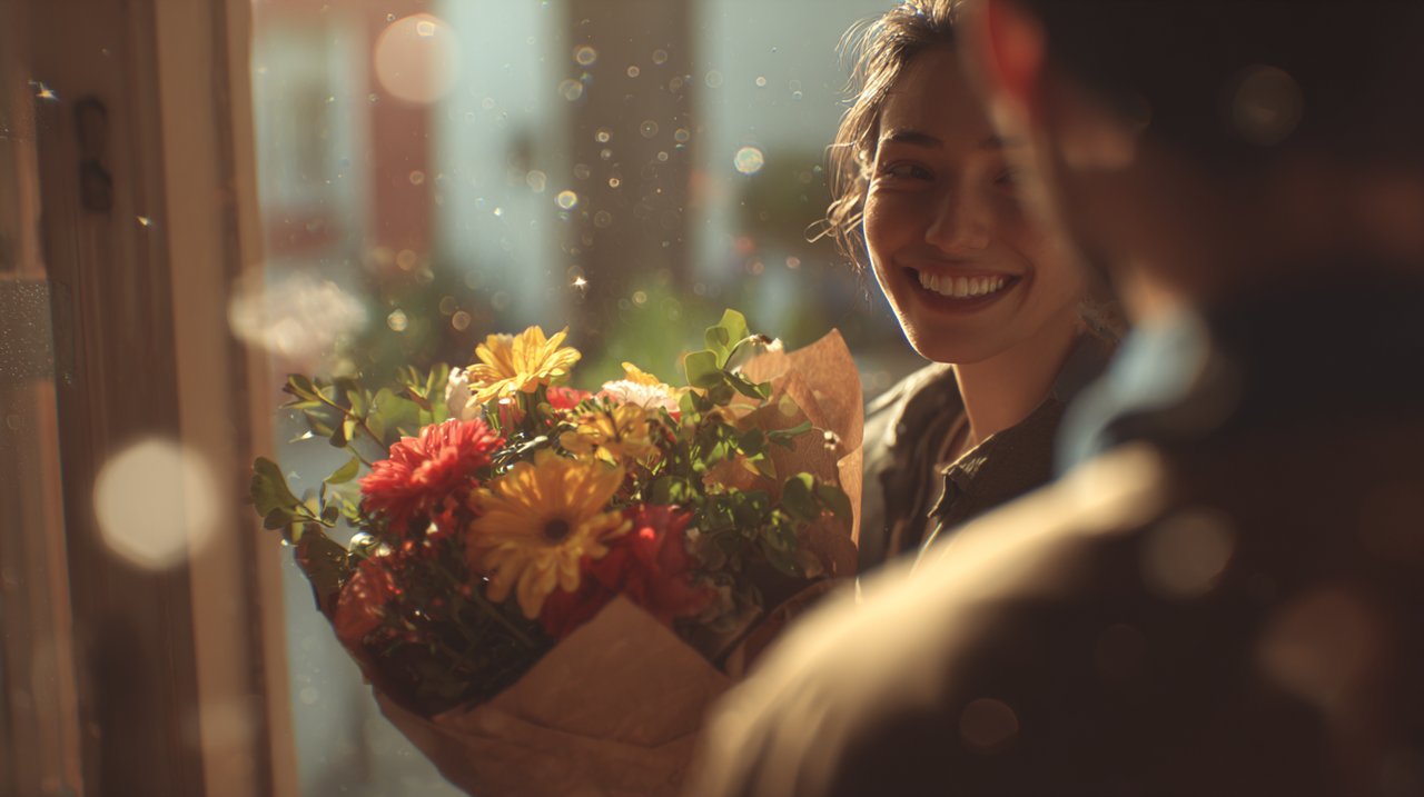 Happy recipient receiving flowers delivered remotely.