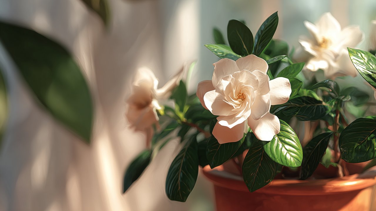 A healthy gardenia plant in a pot.