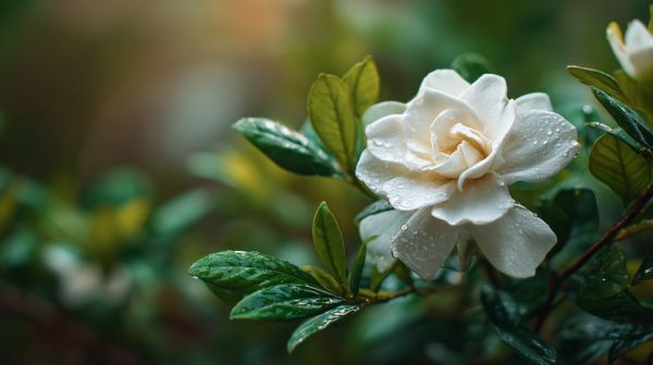 A pure white gardenia flower with green leaves.