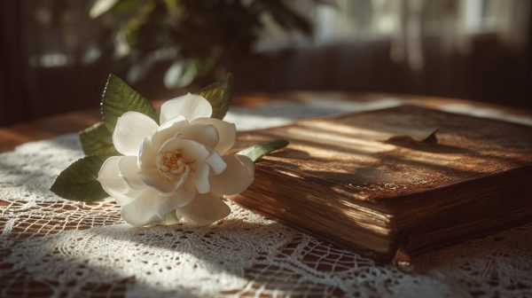 A gardenia symbolizing love and purity.