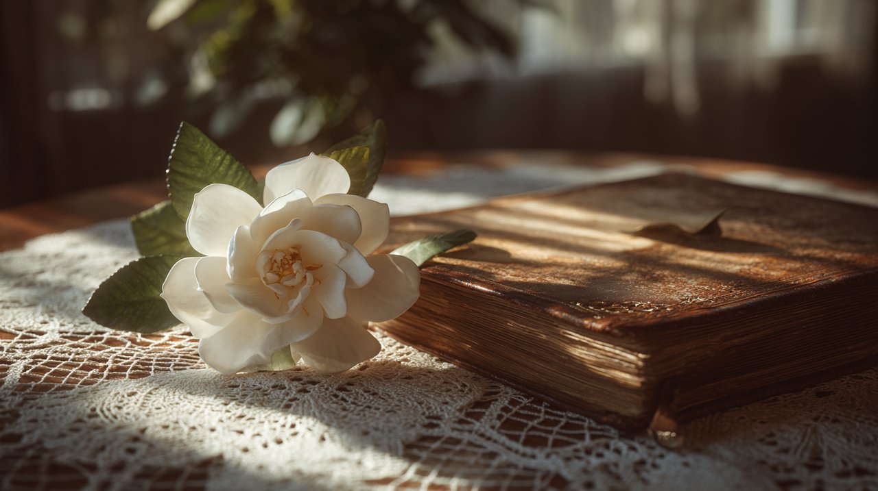 A gardenia symbolizing love and purity.
