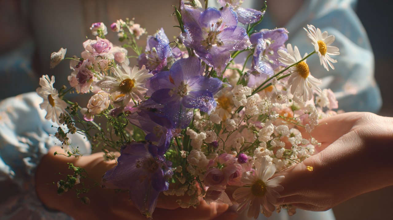 Hands gently holding a personalized mixed flower bouquet.