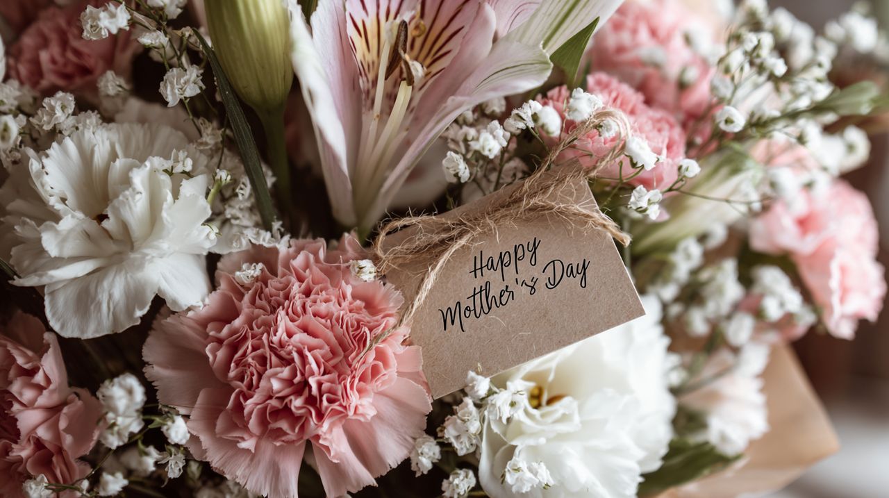 A beautiful and diverse Mother's Day flower bouquet with a greeting card.