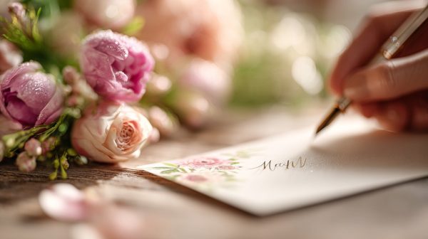 Hand writing a personalized Mid-Autumn Festival blessing card with a flower bouquet.