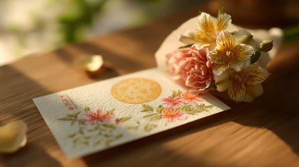 Elegant Mid-Autumn Festival blessing card with flowers.