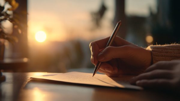 A person thoughtfully writing a Mid-Autumn greeting card with a full moon glow.