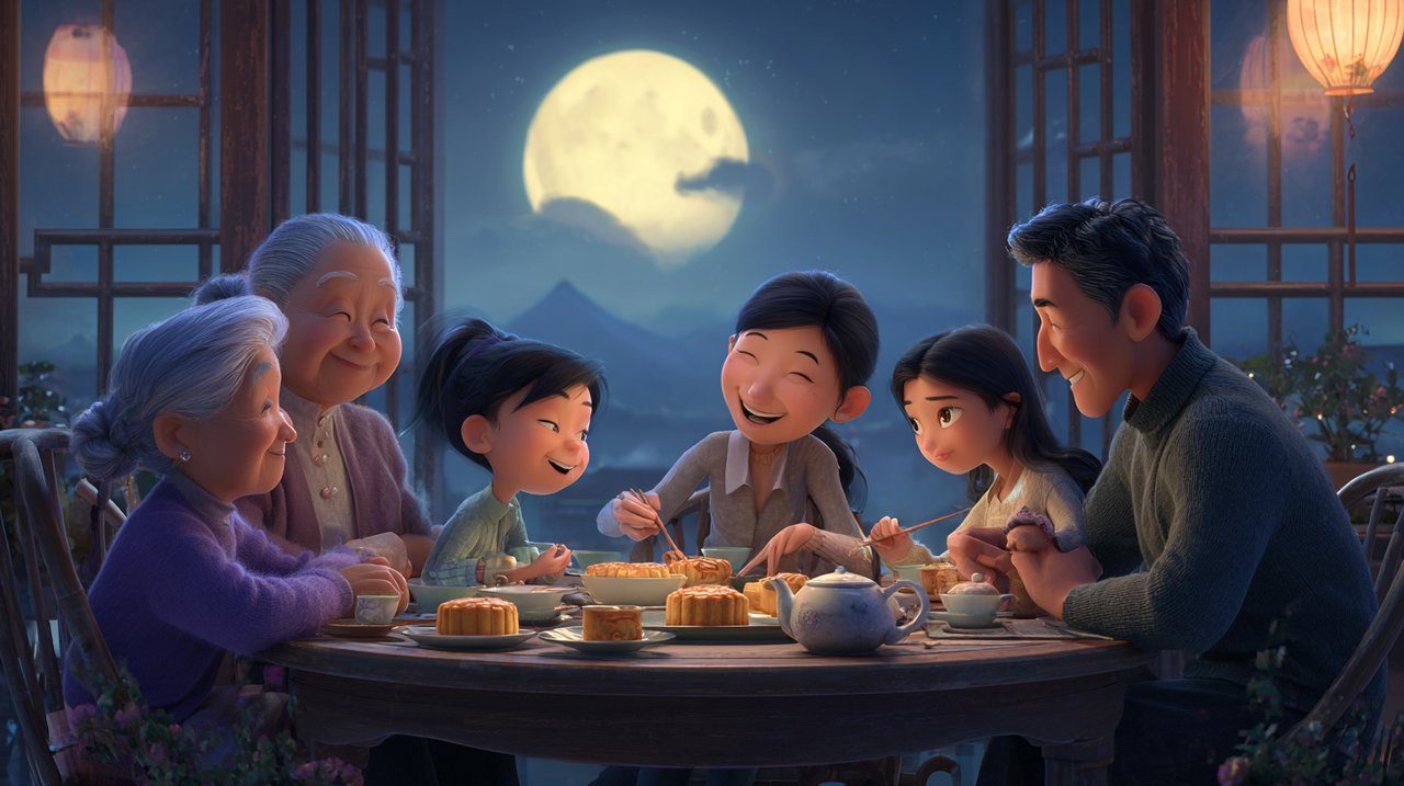 A multi-generational family celebrating Mid-Autumn under a full moon.