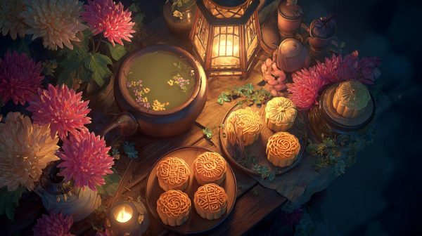 A beautifully arranged Mid-Autumn table with mooncakes and glowing lanterns.