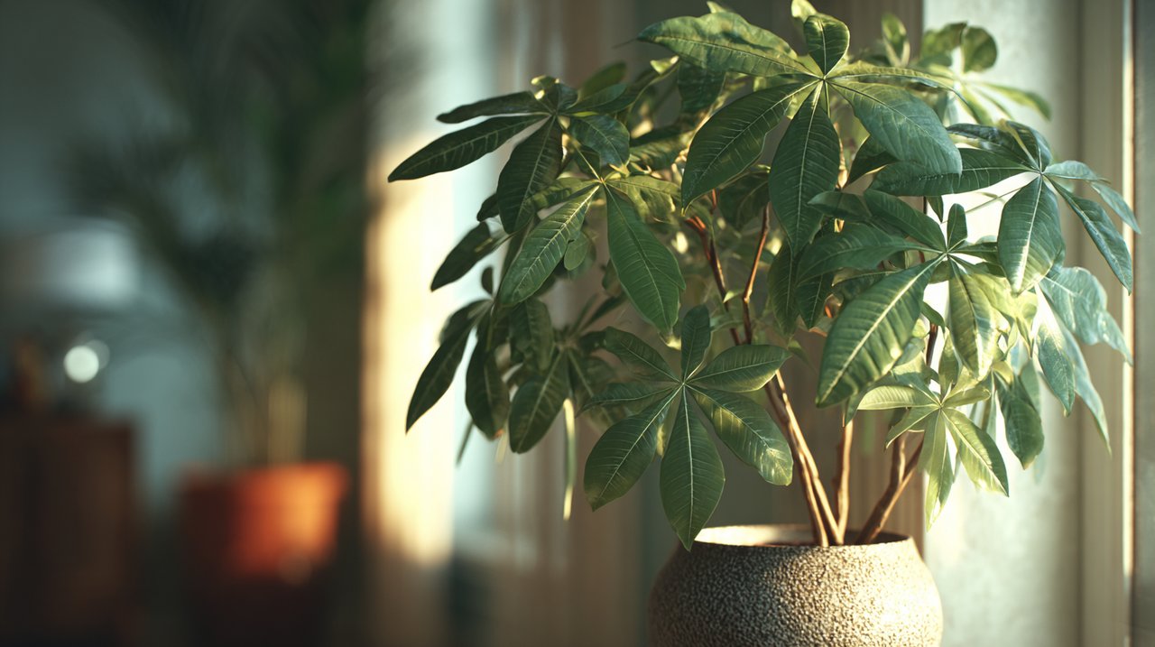 A vibrant, healthy money tree in a modern pot.