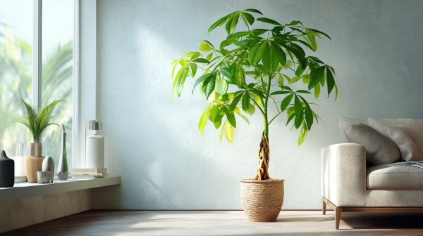 A money tree placed in a bright, harmonious living room corner.