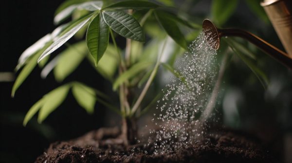 Hands gently watering a money tree with a small watering can.