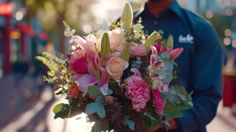 A beautiful bouquet of fresh flowers being delivered.