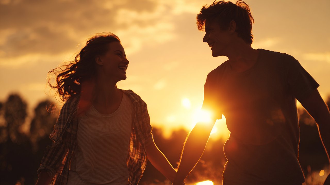 Couple enjoying a romantic activity outdoors at sunset