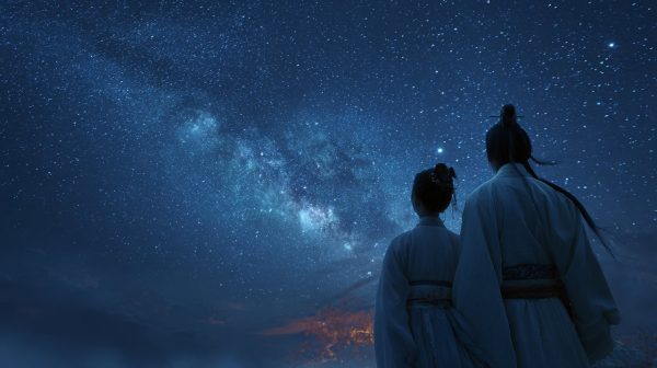 Traditional Chinese Qixi Festival scene with couple and stars