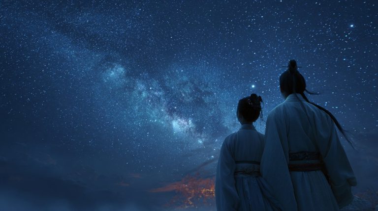 Traditional Chinese Qixi Festival scene with couple and stars
