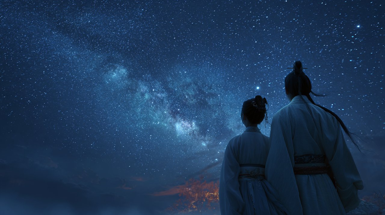 Traditional Chinese Qixi Festival scene with couple and stars