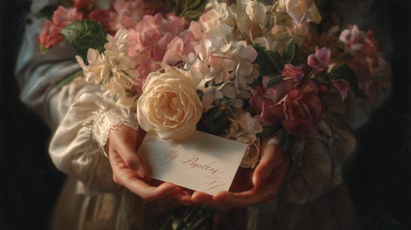 Hands holding a flower bouquet with a personalized handwritten card.