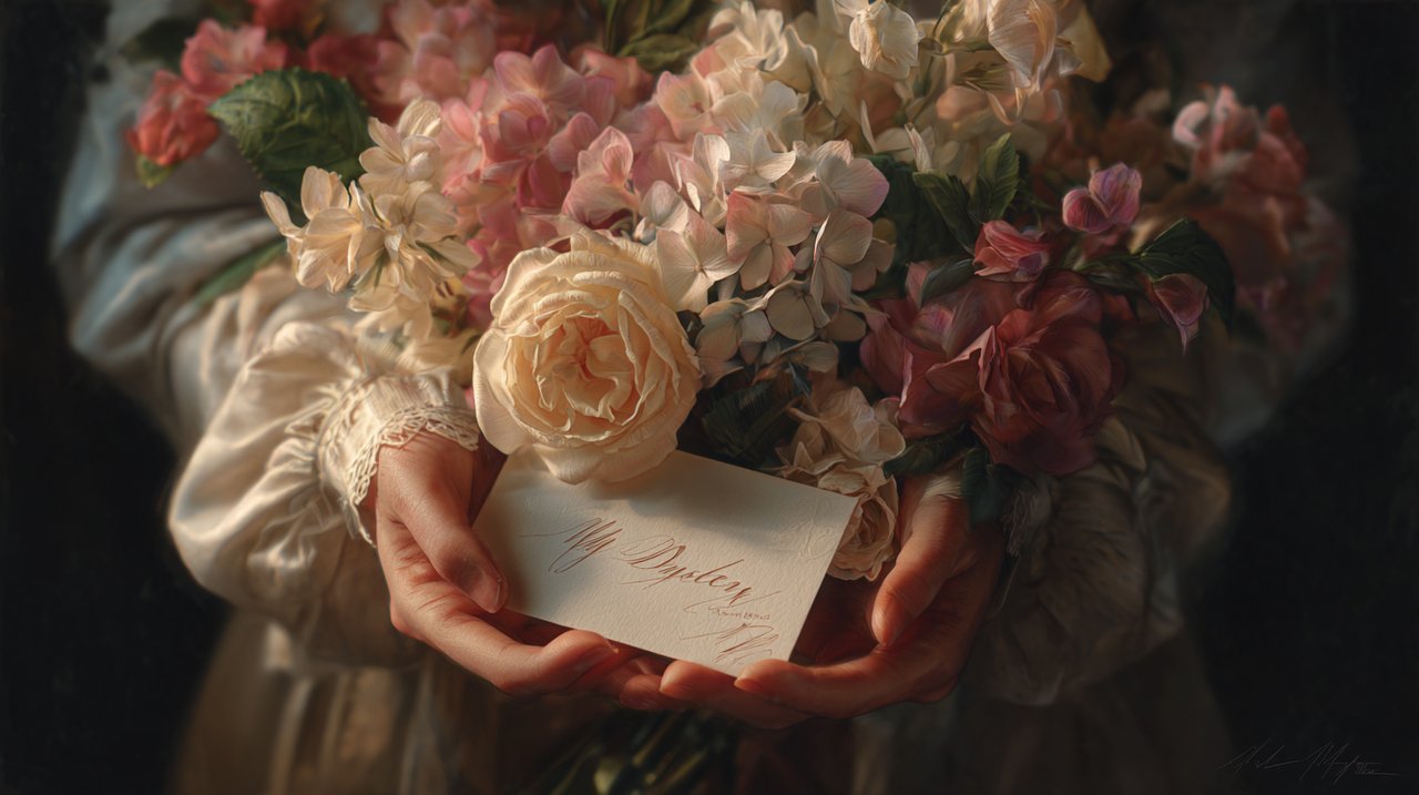 Hands holding a flower bouquet with a personalized handwritten card.