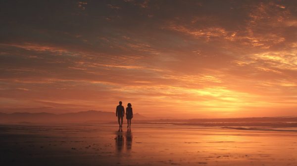 A couple walking hand-in-hand towards a beautiful horizon at sunset.