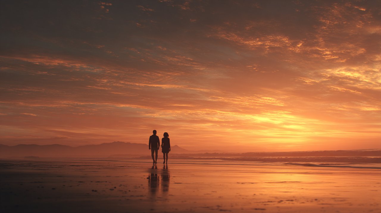 A couple walking hand-in-hand towards a beautiful horizon at sunset.