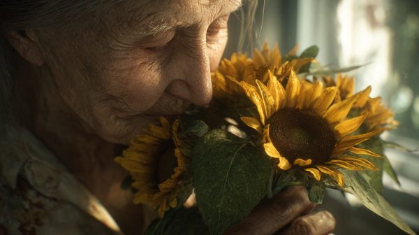 An elderly person joyfully receiving a vibrant bouquet of flowers.