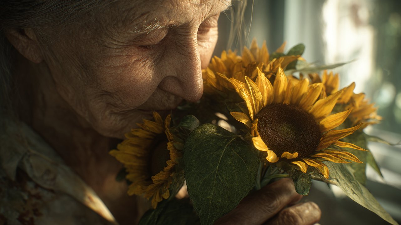 An elderly person joyfully receiving a vibrant bouquet of flowers.