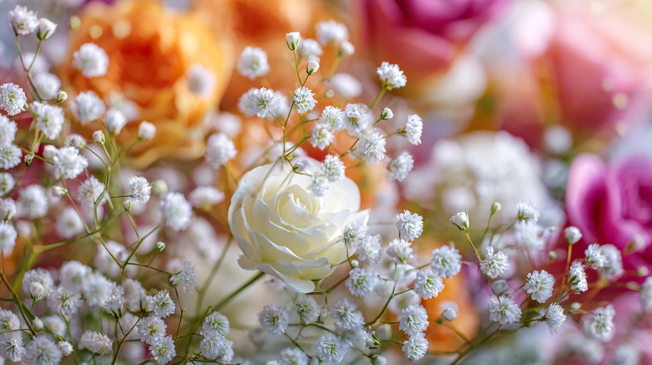 Close-up of delicate white gypsophila flowers with other colorful blossoms.