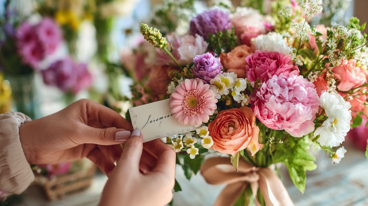 Close-up of hands gently tying a personalized silk ribbon onto a beautifully arranged birthday bouquet, with a handwritten card visible.