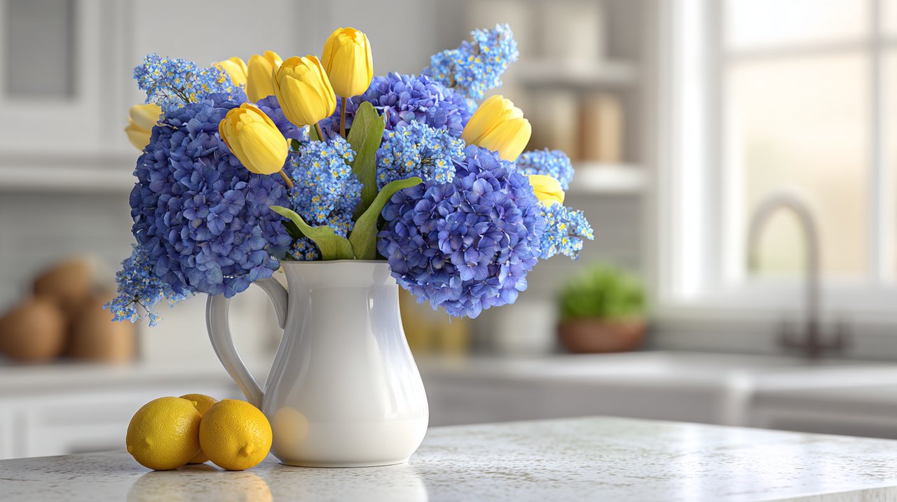 A vibrant bouquet featuring deep blue hydrangeas and cheerful yellow tulips, creating a harmonious color symphony.