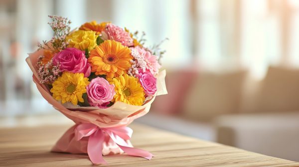 A beautifully wrapped vibrant bouquet of mixed flowers on a modern table.