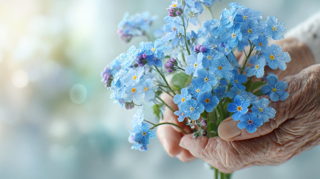 Delicate blue forget-me-nots held by gentle hands.
