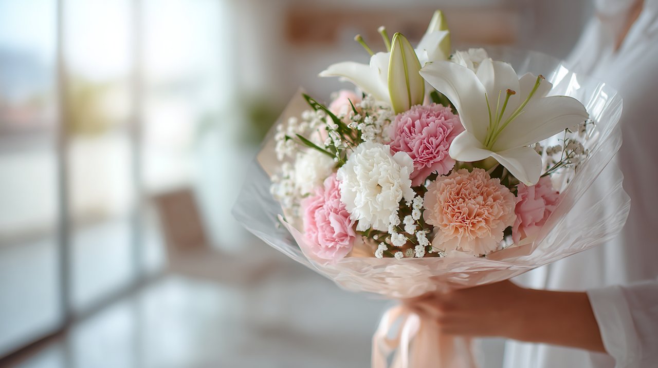 Hands receiving a beautiful lily and carnation bouquet
