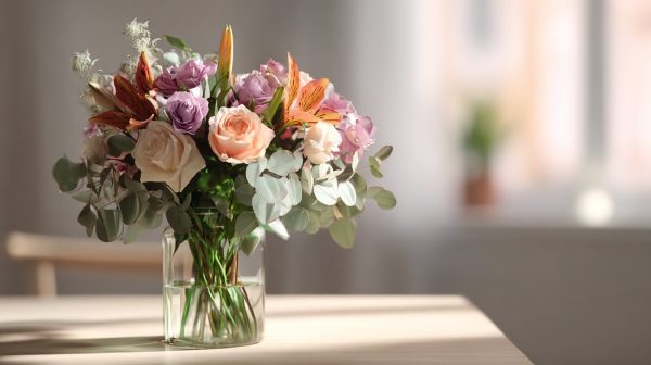 A thoughtfully arranged modern flower bouquet in a bright setting.
