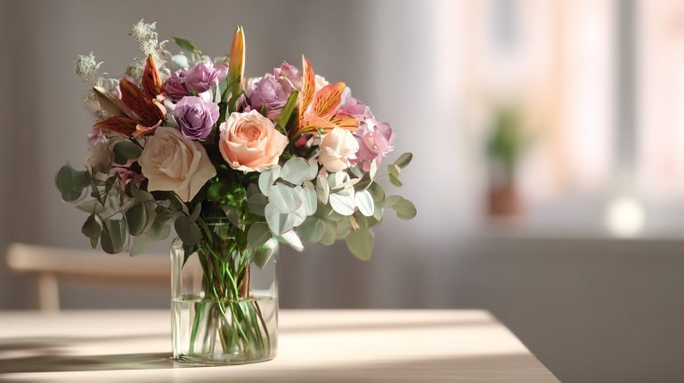 A thoughtfully arranged modern flower bouquet in a bright setting.