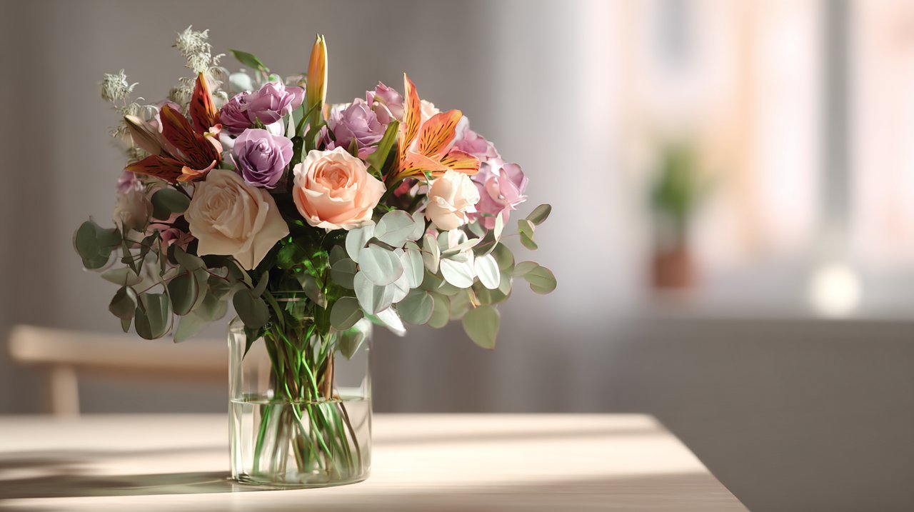 A thoughtfully arranged modern flower bouquet in a bright setting.
