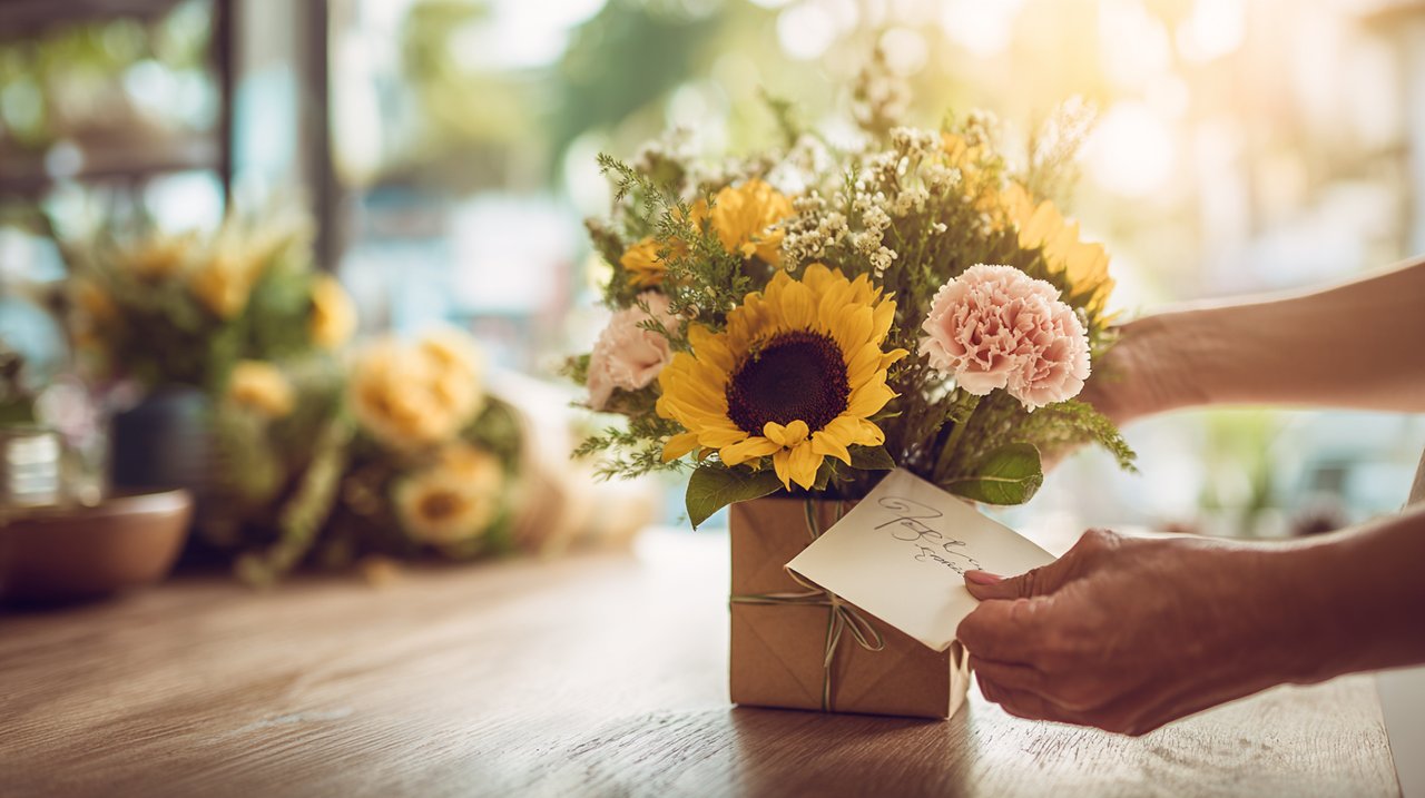 Hands preparing a personalized flower bouquet with a handwritten card.