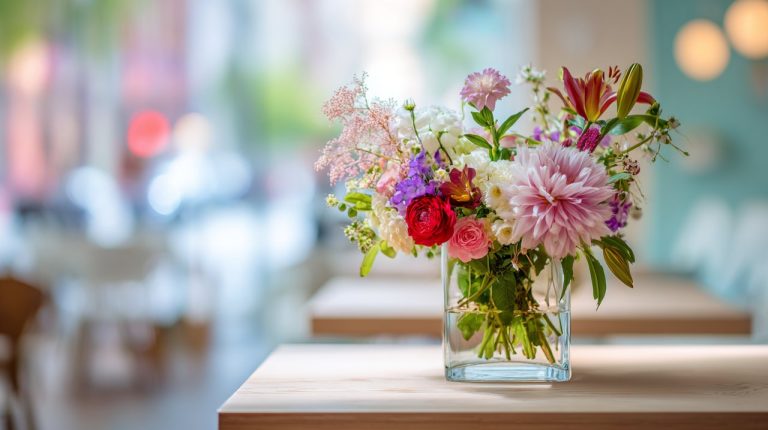 A diverse flower bouquet in a modern setting, symbolizing complex flower language.