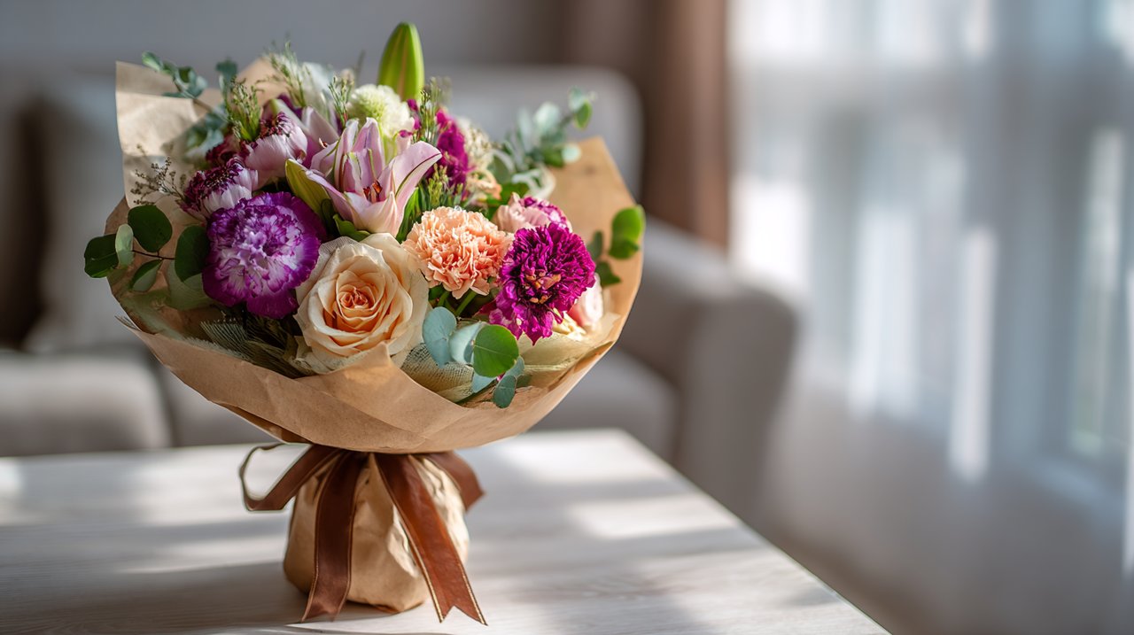A fresh, well-packaged flower bouquet on a modern table, emphasizing quality delivery.